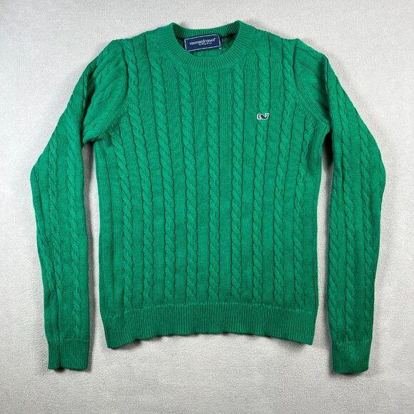 Vineyard Vines Sweater Womens Medium Green Cable Knit Cotton Cashmere Whale - Picture 1 of 6